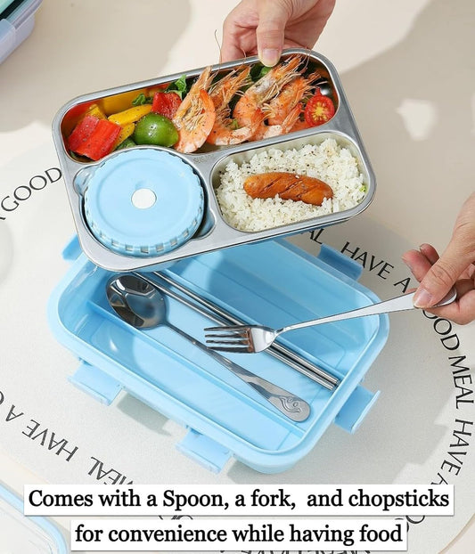Bento Stainless Steel Lunch Box with 4 Compartments, Utensil Set, Leakproof Design