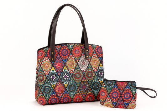 Bohemian Patchwork Tote Bag with Pouch โ Multicolor