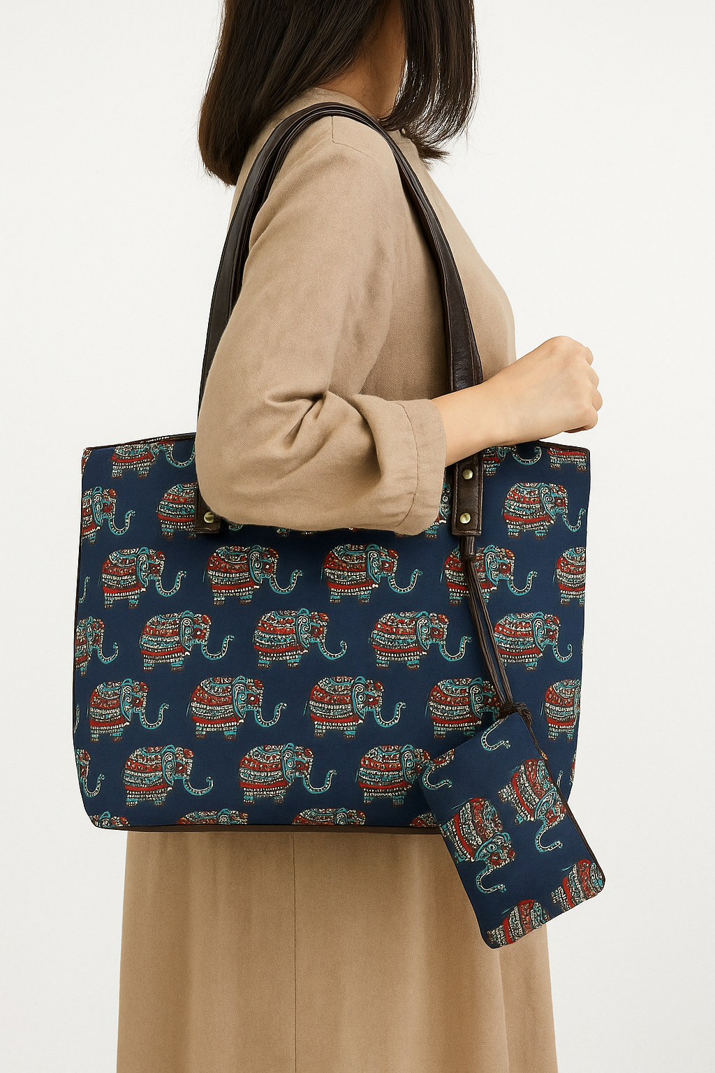 Bohemian Patchwork Tote Bag with Matching Pouch – Navy