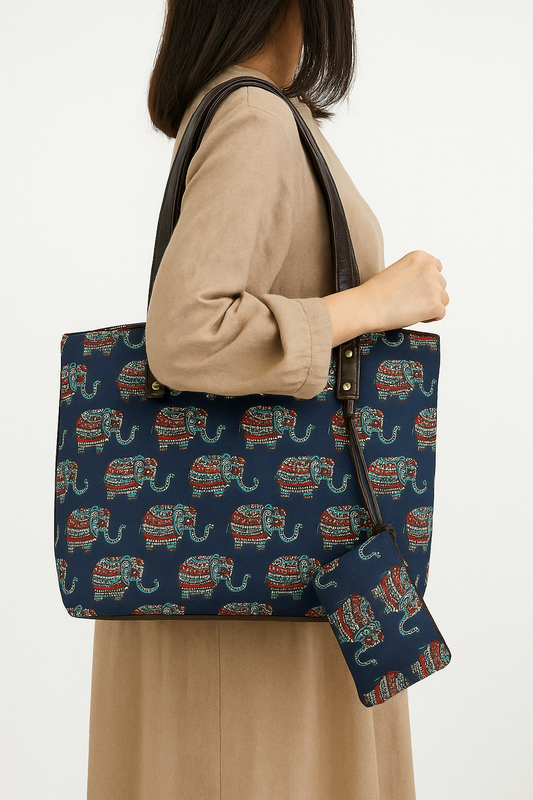 Bohemian Patchwork Tote Bag with Matching Pouch โ Navy