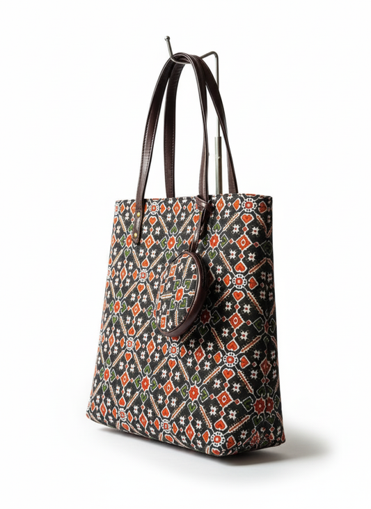 Premium Canvas Tote Bag with Pouch-Geometric