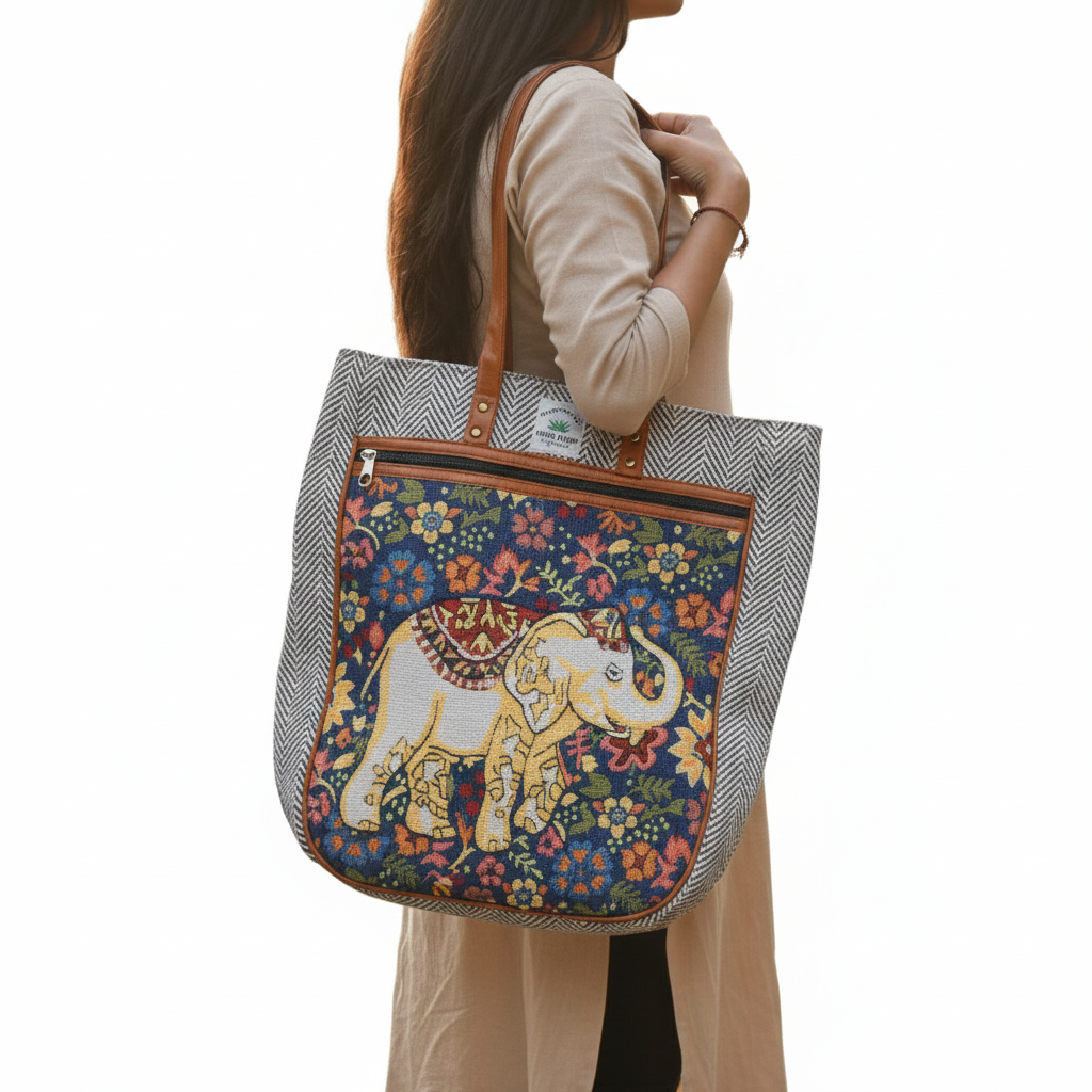 Embroidered Canvas Tote Bag โ Grey with Leather Straps(Elephant)