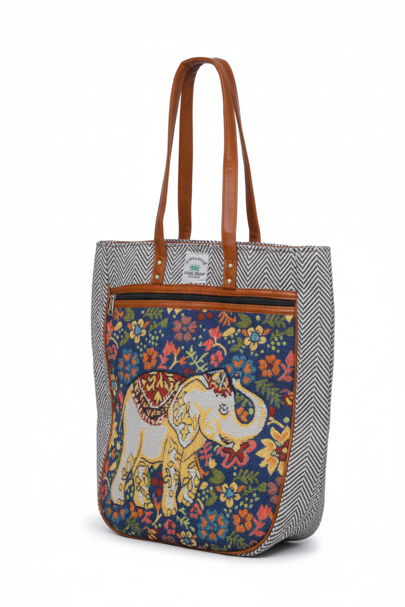 Embroidered Canvas Tote Bag โ Grey with Leather Straps(Elephant)