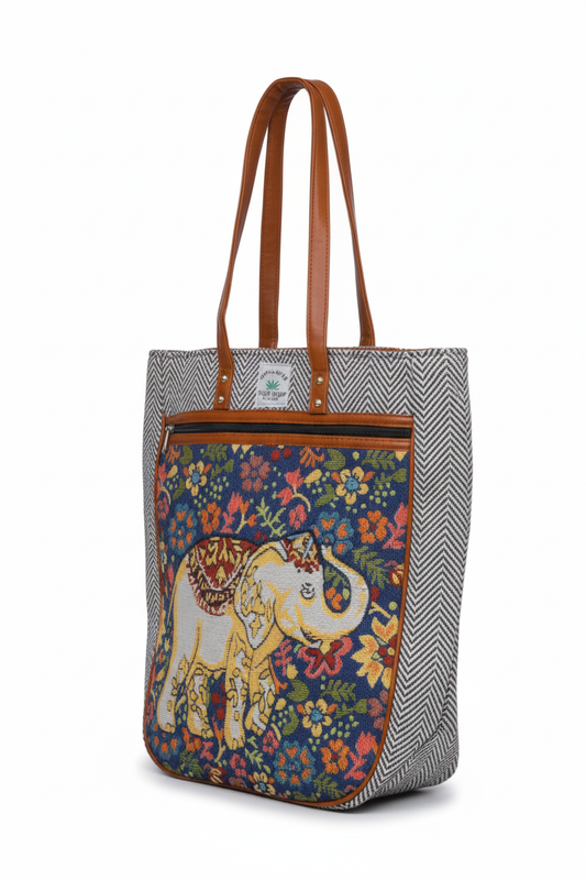 Embroidered Canvas Tote Bag โ Grey with Leather Straps(Elephant)