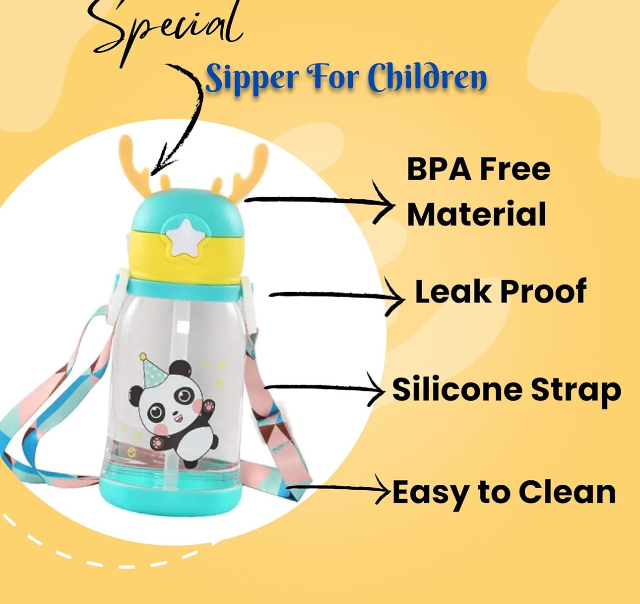 Cute Panda Sipper Bottle with Straw โ 600ml (Kids Water Bottle)