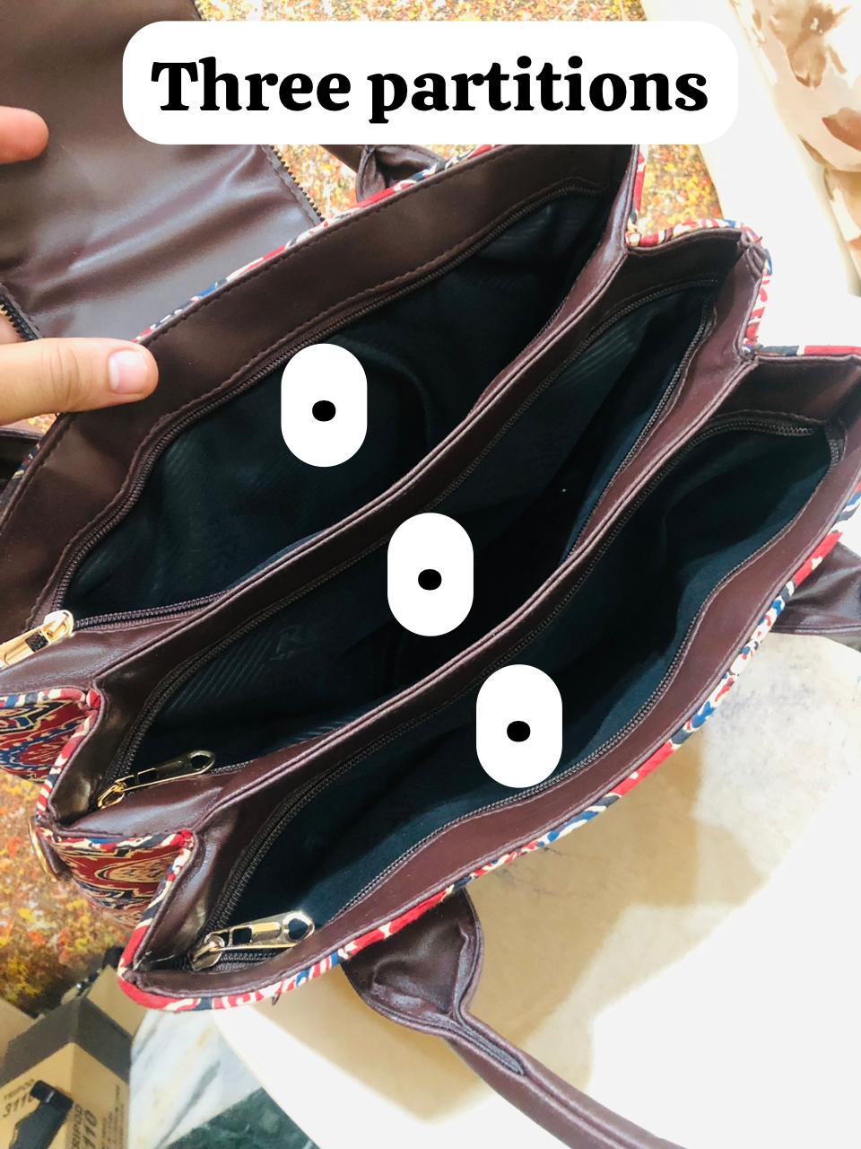 Ikkat Print Handbag with Pouch & Detachable Sling โ Blue & Brown