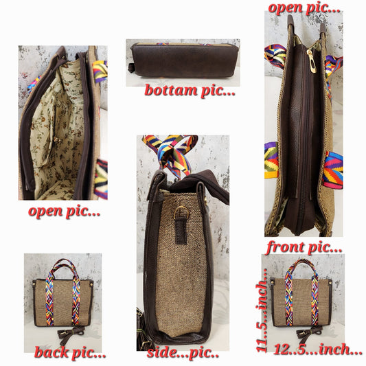 Handcrafted Jute Tote Bag with Boho Strap-black