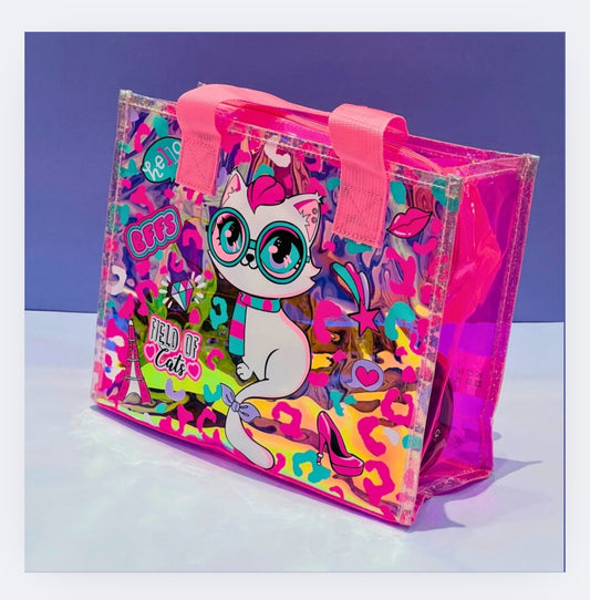 Colorful Cartoon Cat Transparent PVC Tote Bag โ Fun Kids Travel & School Bag