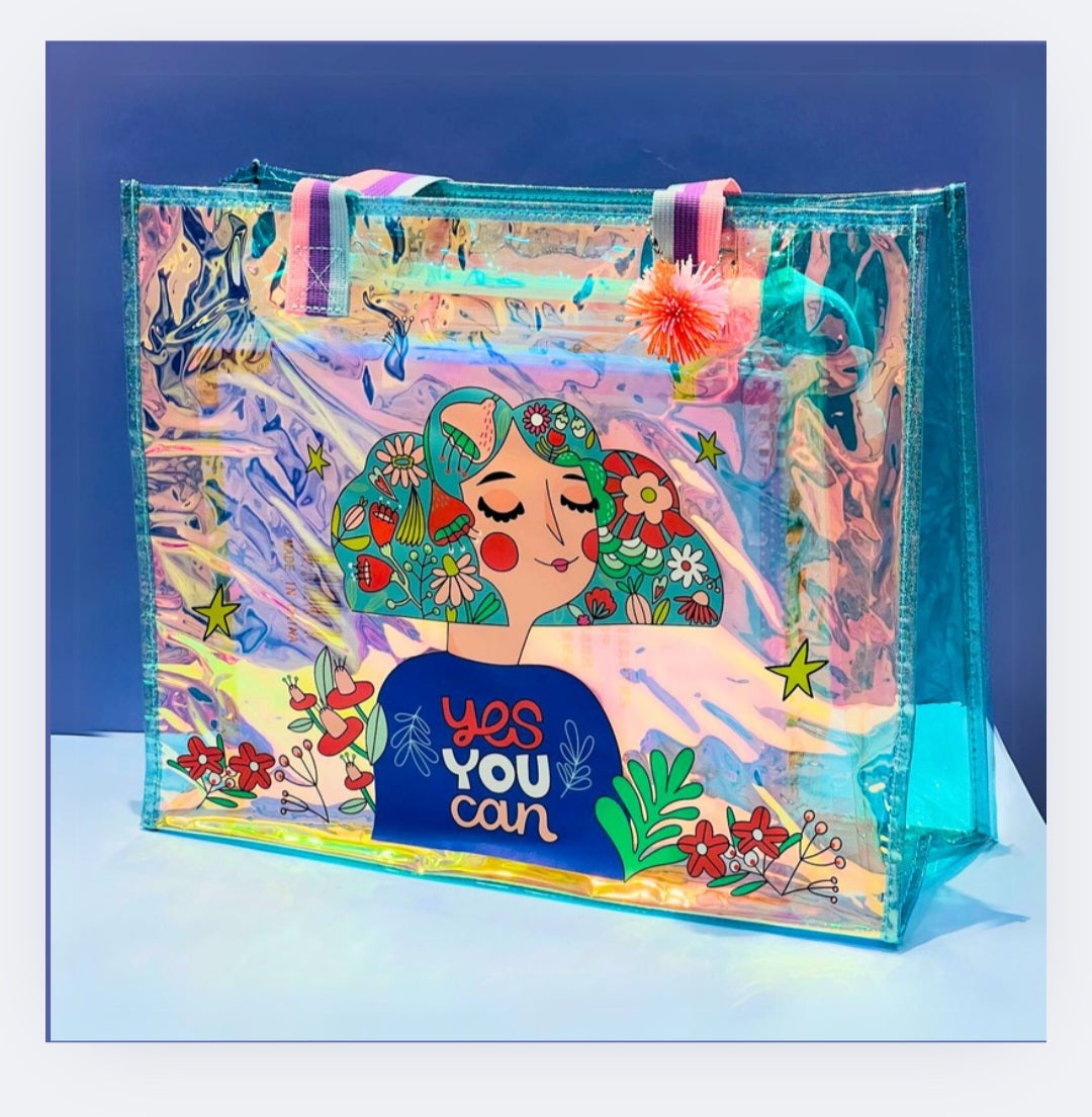 Colorful Cartoon Cat Transparent PVC Tote Bag โ Fun Kids Travel & School Bag