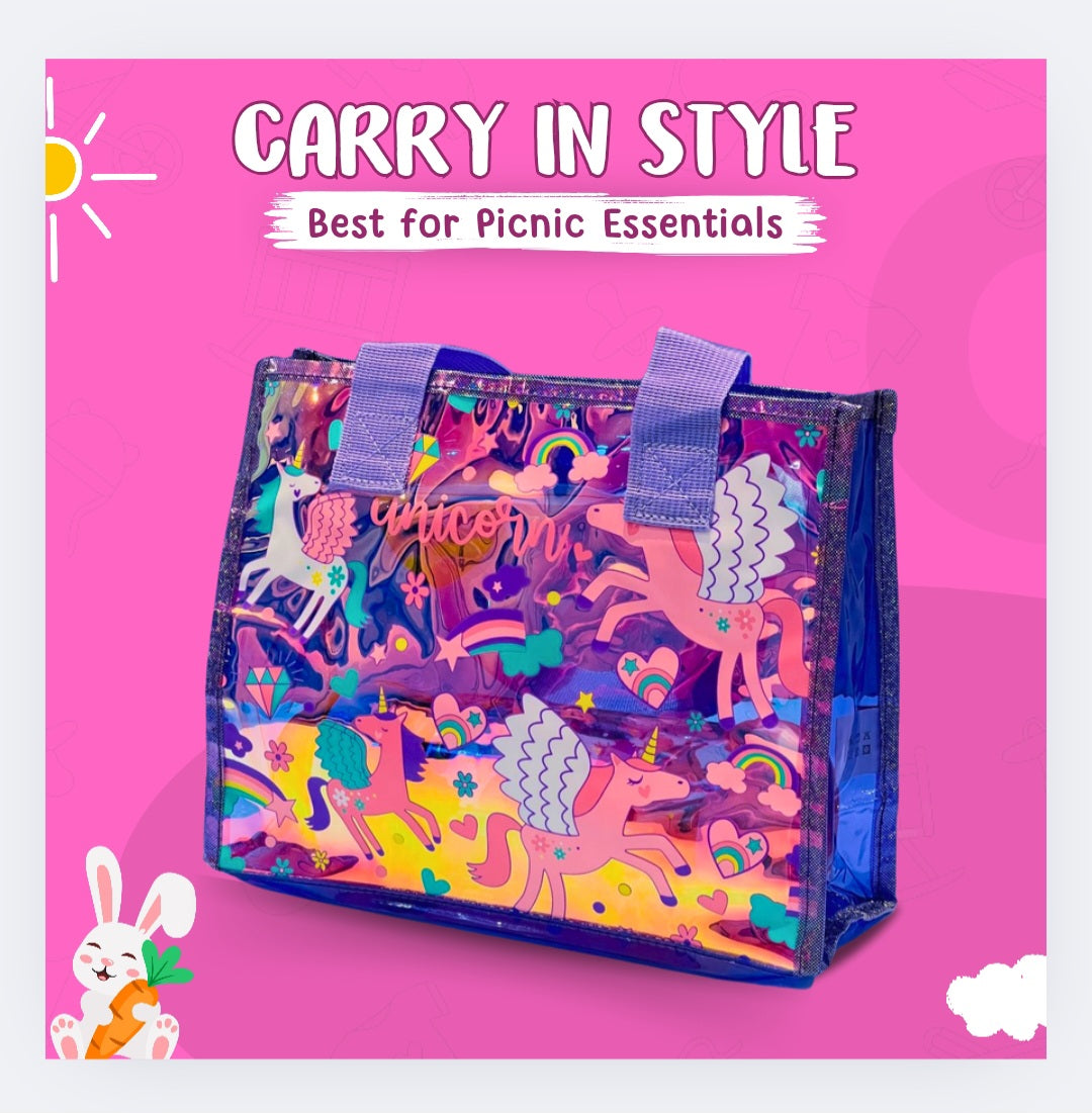 Colorful Cartoon Cat Transparent PVC Tote Bag โ Fun Kids Travel & School Bag