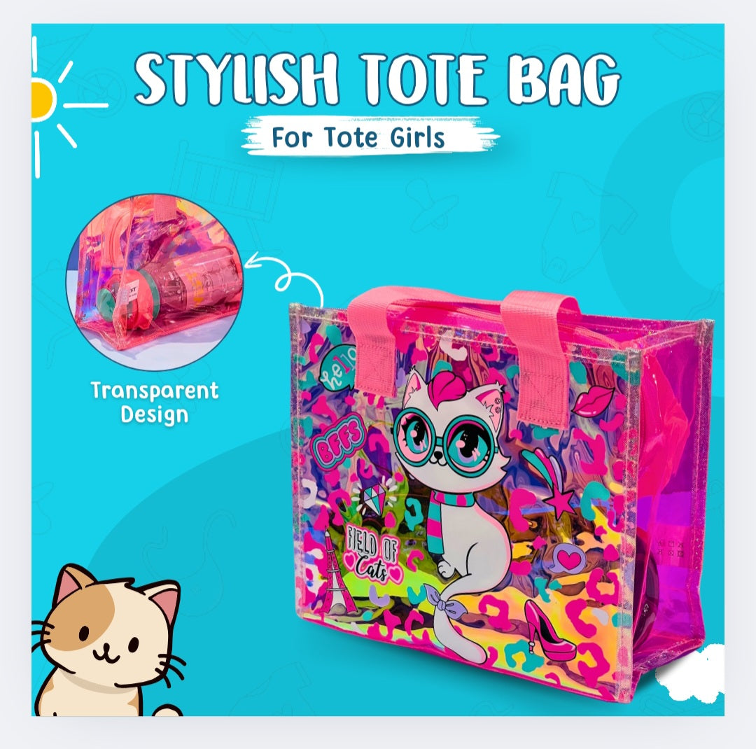 Colorful Cartoon Cat Transparent PVC Tote Bag โ Fun Kids Travel & School Bag