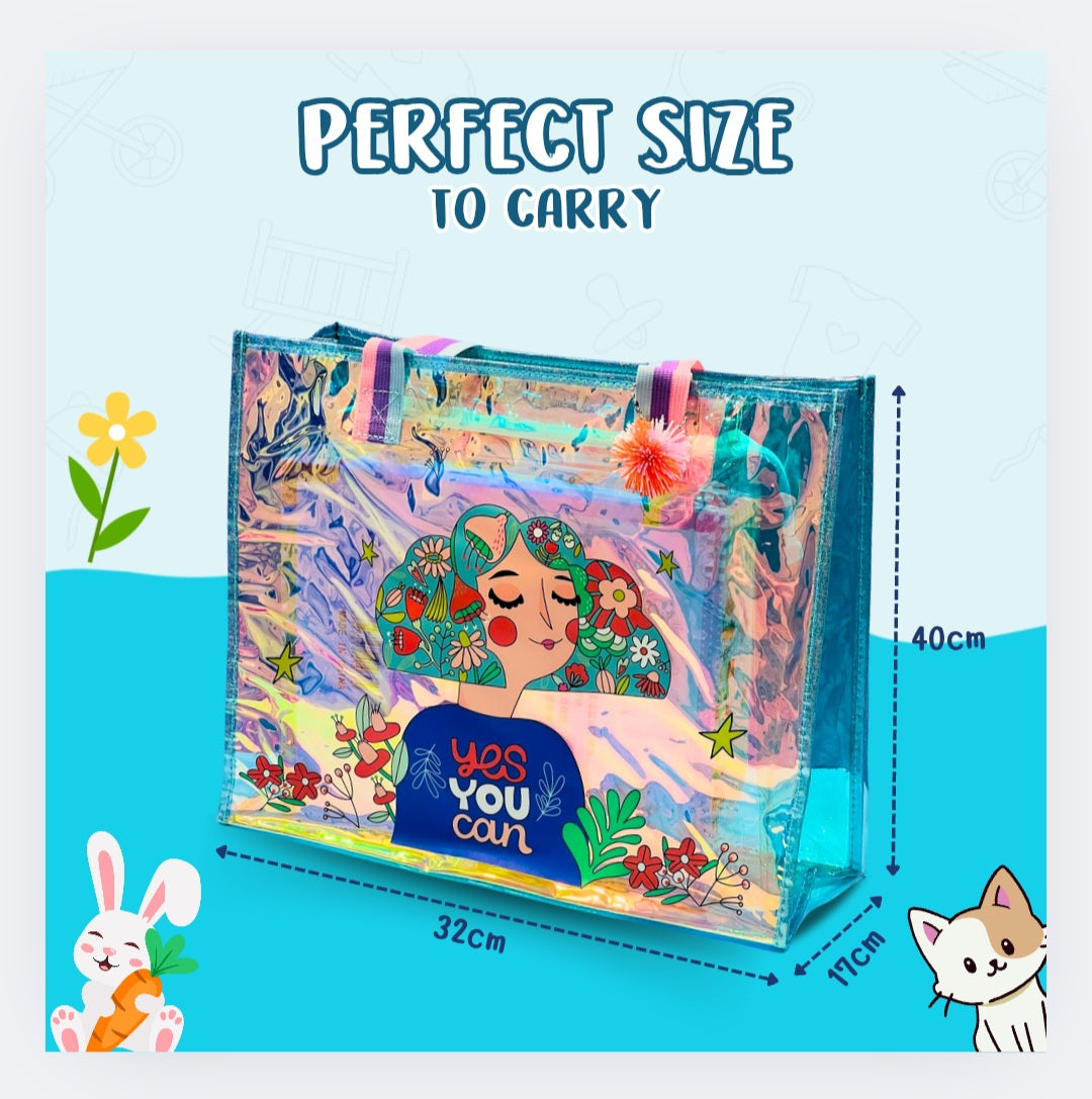 Colorful Cartoon Cat Transparent PVC Tote Bag โ Fun Kids Travel & School Bag
