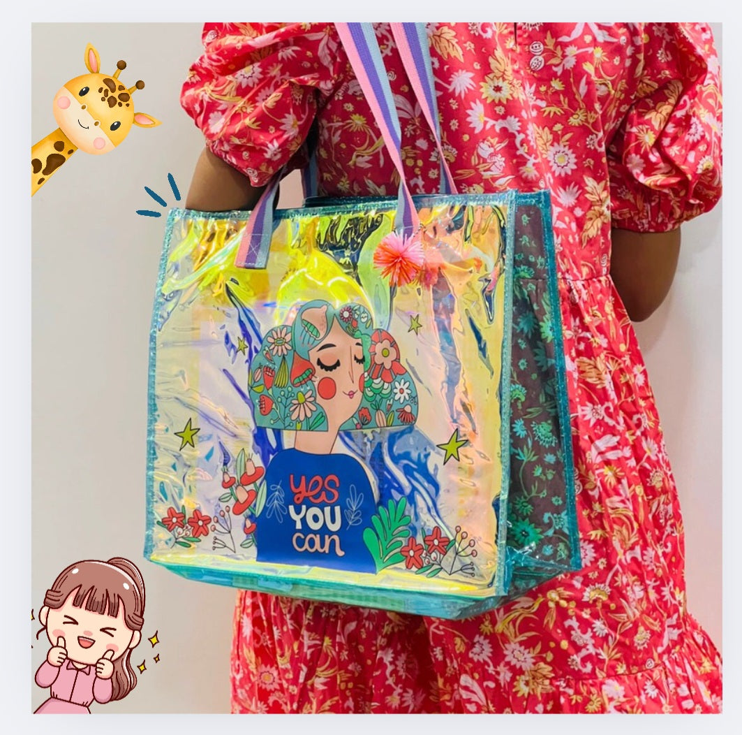 Colorful Cartoon Cat Transparent PVC Tote Bag โ Fun Kids Travel & School Bag