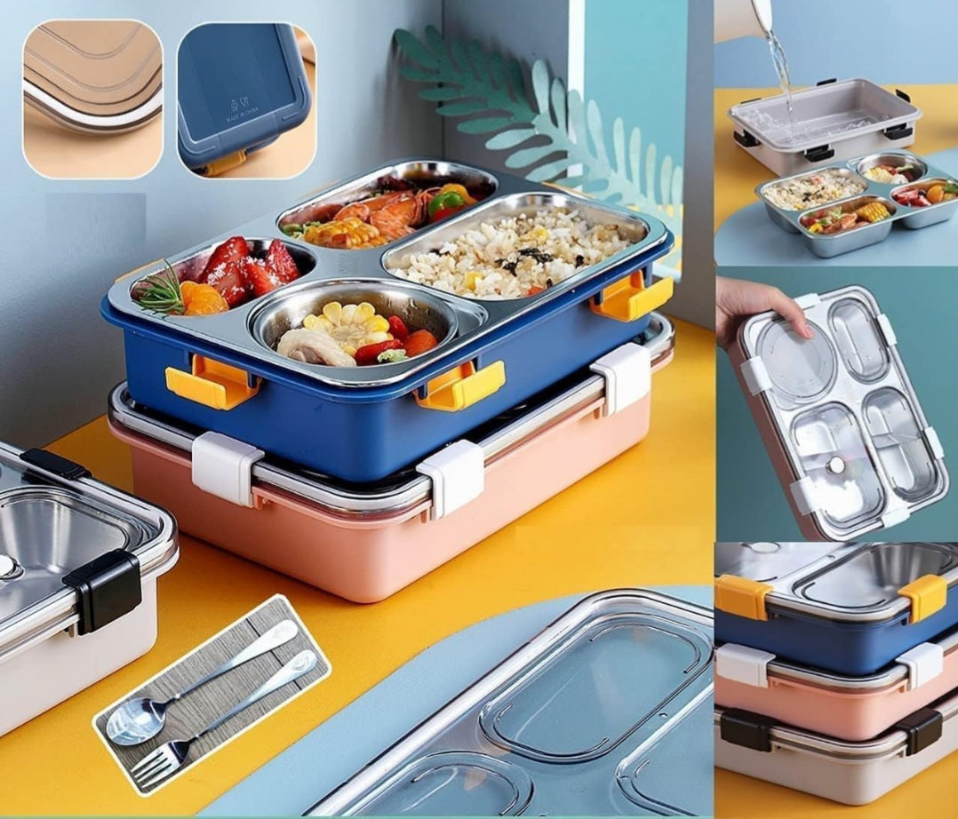 Stainless Steel Bento Lunch Box โ 4 Compartment Leak-Proof Tiffin for Kids & Adults