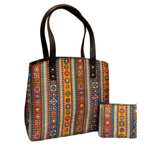 Bohemian Patchwork Tote Bag with Matching Pouch โ Orange