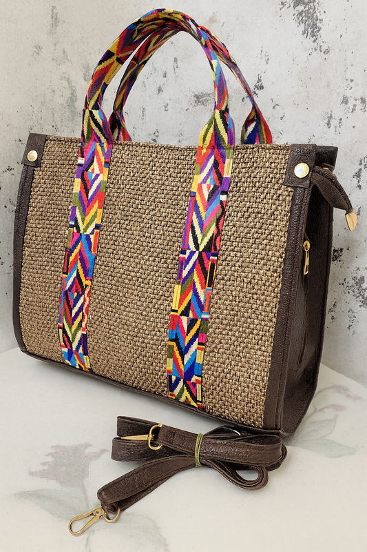 Handcrafted Jute Tote Bag with Boho Strap-Tan