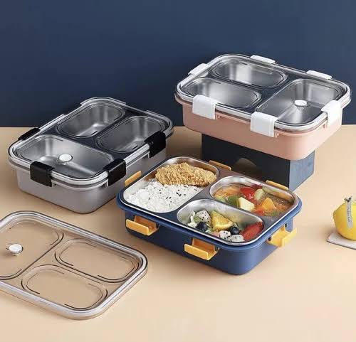 Stainless Steel Bento Lunch Box โ 3 Compartment Leak-Proof Tiffin for Kids & Adults