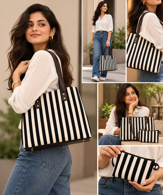 Bohemian Patchwork Tote Bag with Matching Pouch – Jacquard (White&Black)
