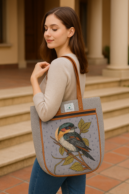 Embroidered  Canvas Tote Bag – Grey with Leather Straps(Bird)
