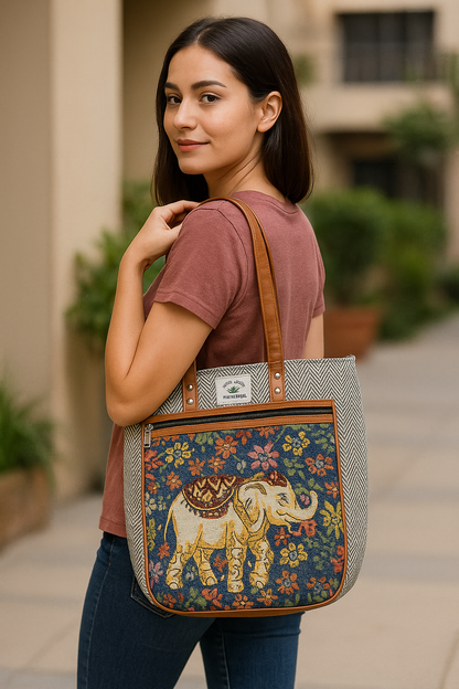 Embroidered  Canvas Tote Bag – Grey with Leather Straps(Elephant)