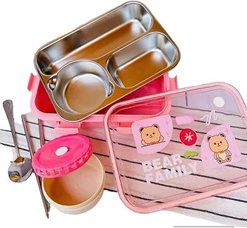 Teddy Bear Stainless Steel Bento Lunch Box – 3 Compartment Tiffin for Kids