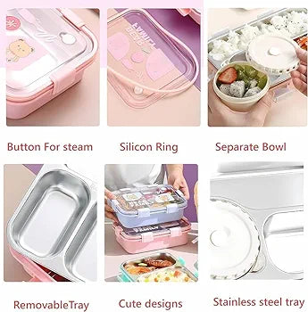Stainless Steel Bento Lunch Box – 3 Compartment with Plain Pastel Lid