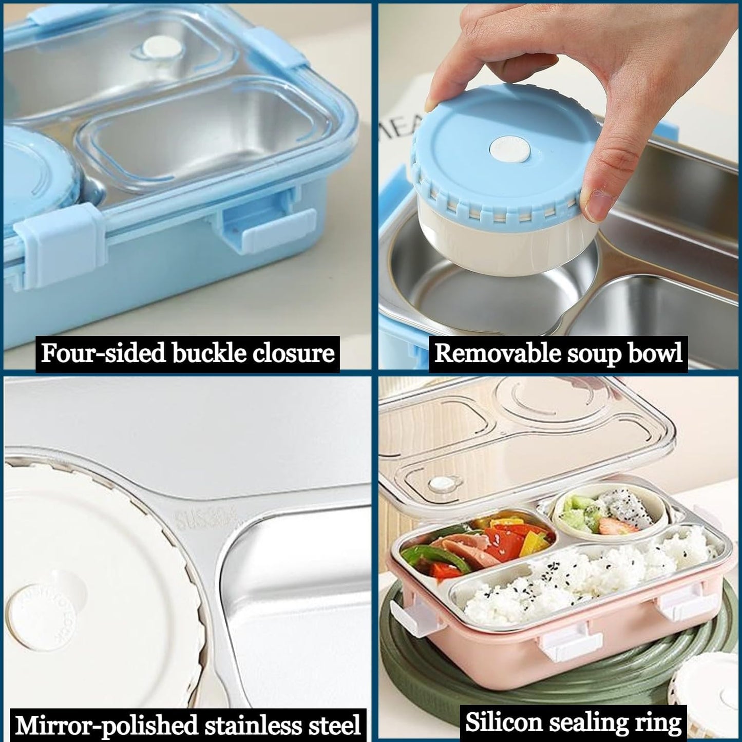 Bento Stainless Steel Lunch Box with 4 Compartments, Utensil Set, Leakproof Design