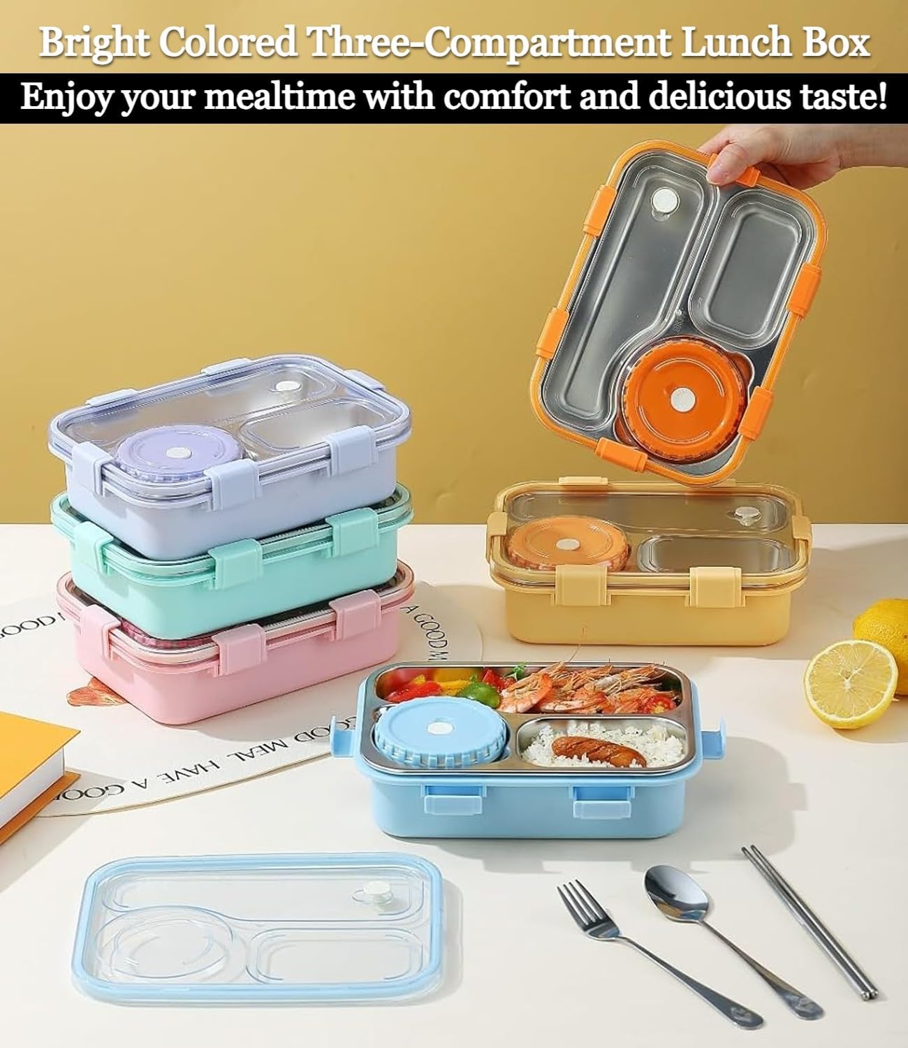 Bento Stainless Steel Lunch Box with 4 Compartments, Utensil Set, Leakproof Design