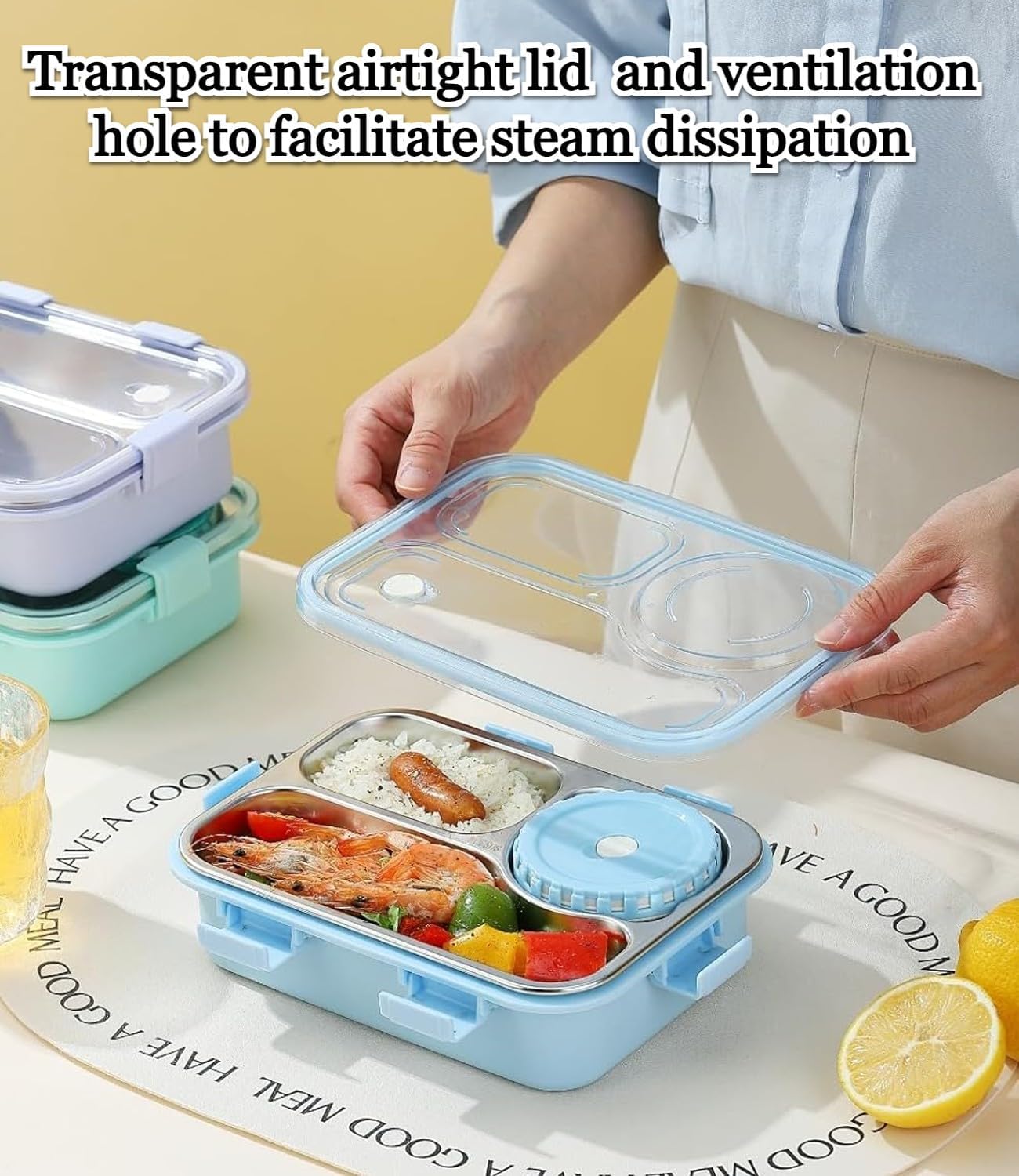 Bento Stainless Steel Lunch Box with 4 Compartments, Utensil Set, Leakproof Design