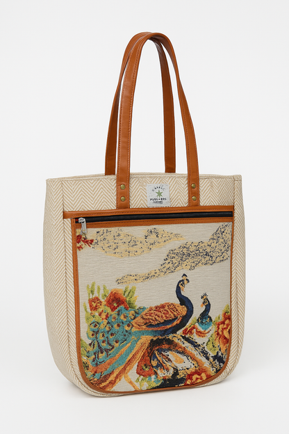 Embroidered  Canvas Tote Bag – Grey with Leather Straps(Peacock)