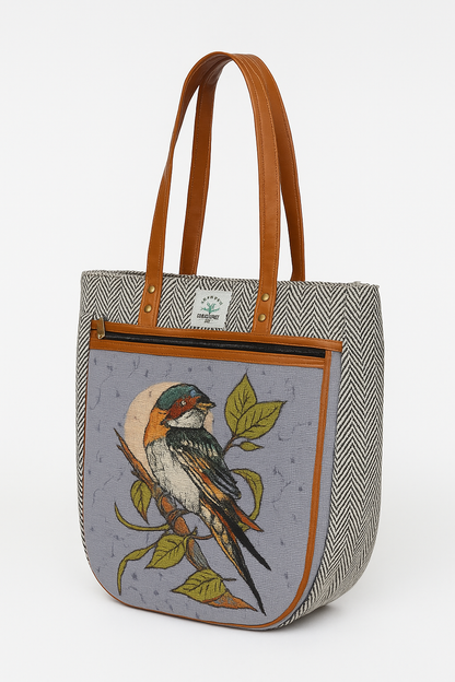 Embroidered  Canvas Tote Bag – Grey with Leather Straps(Bird)