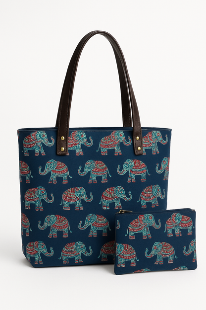 Bohemian Patchwork Tote Bag with Matching Pouch – Navy