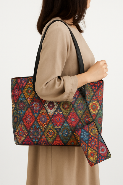Bohemian Patchwork Tote Bag with Pouch – Multicolor