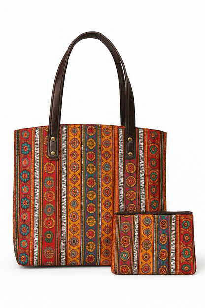 Bohemian Patchwork Tote Bag with Matching Pouch – Orange