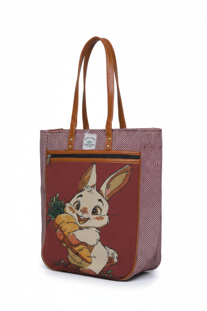 Embroidered  Canvas Tote Bag – Grey with Leather Straps(Rabbit)