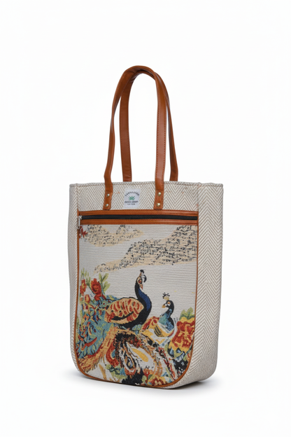 Embroidered  Canvas Tote Bag – Grey with Leather Straps(Peacock)