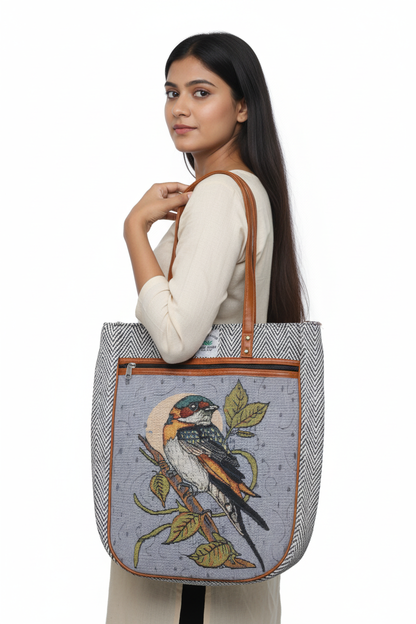 Embroidered  Canvas Tote Bag – Grey with Leather Straps(Bird)