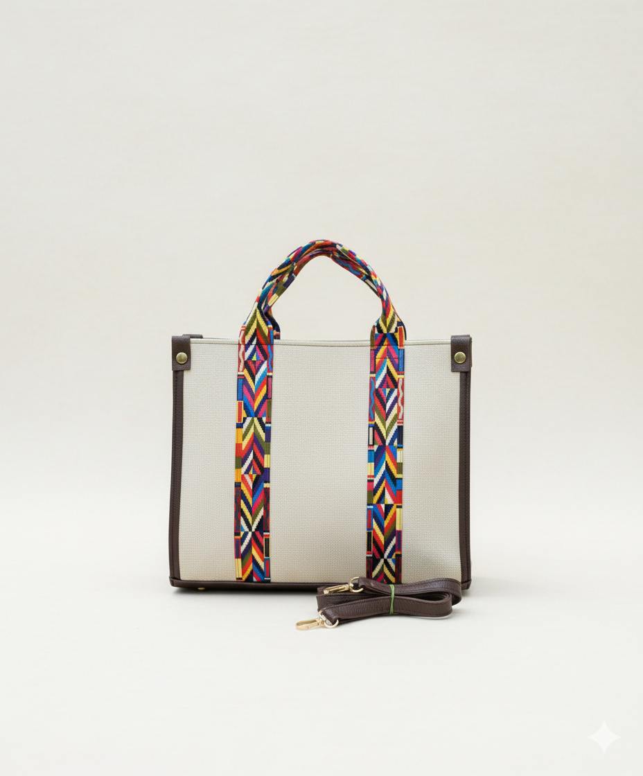 Handcrafted Jute  Tote Bag with Boho Strap -white