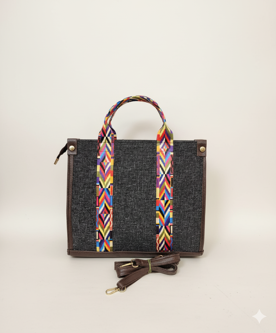 Handcrafted Jute  Tote Bag with Boho Strap-black