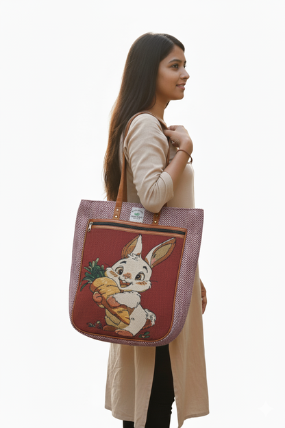 Embroidered  Canvas Tote Bag – Grey with Leather Straps(Rabbit)
