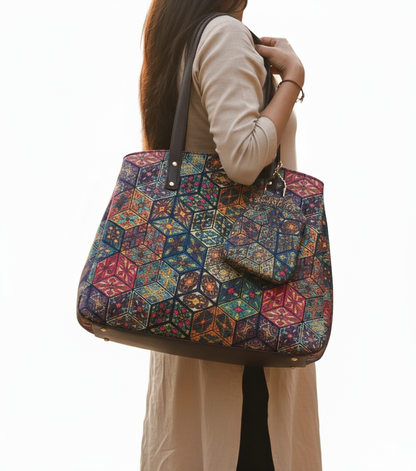 Bohemian Patchwork Tote Bag with Matching Pouch – Geometric