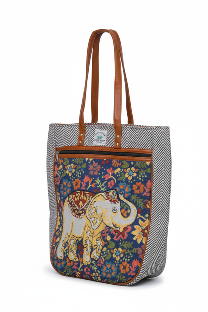 Embroidered  Canvas Tote Bag – Grey with Leather Straps(Elephant)
