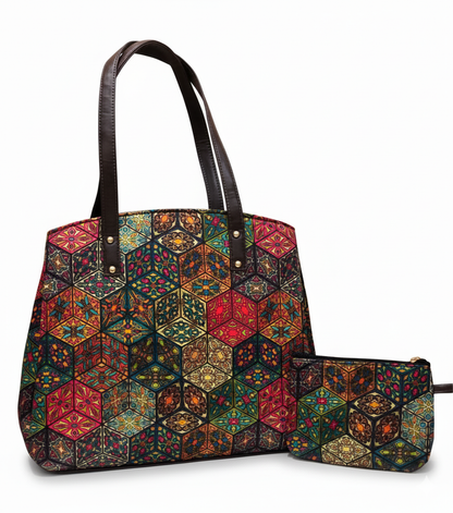 Bohemian Patchwork Tote Bag with Matching Pouch – Geometric