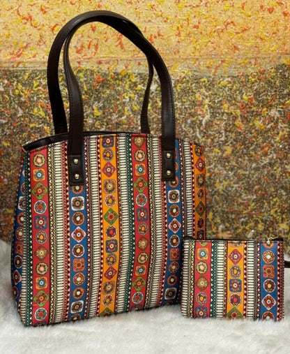 Bohemian Patchwork Tote Bag with Matching Pouch – Orange
