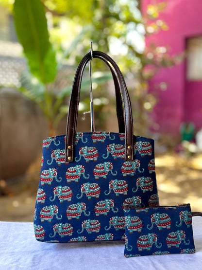 Bohemian Patchwork Tote Bag with Matching Pouch – Navy