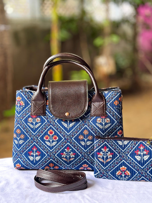Ikkat Print Handbag with Pouch & Detachable Sling – Blue & Brown