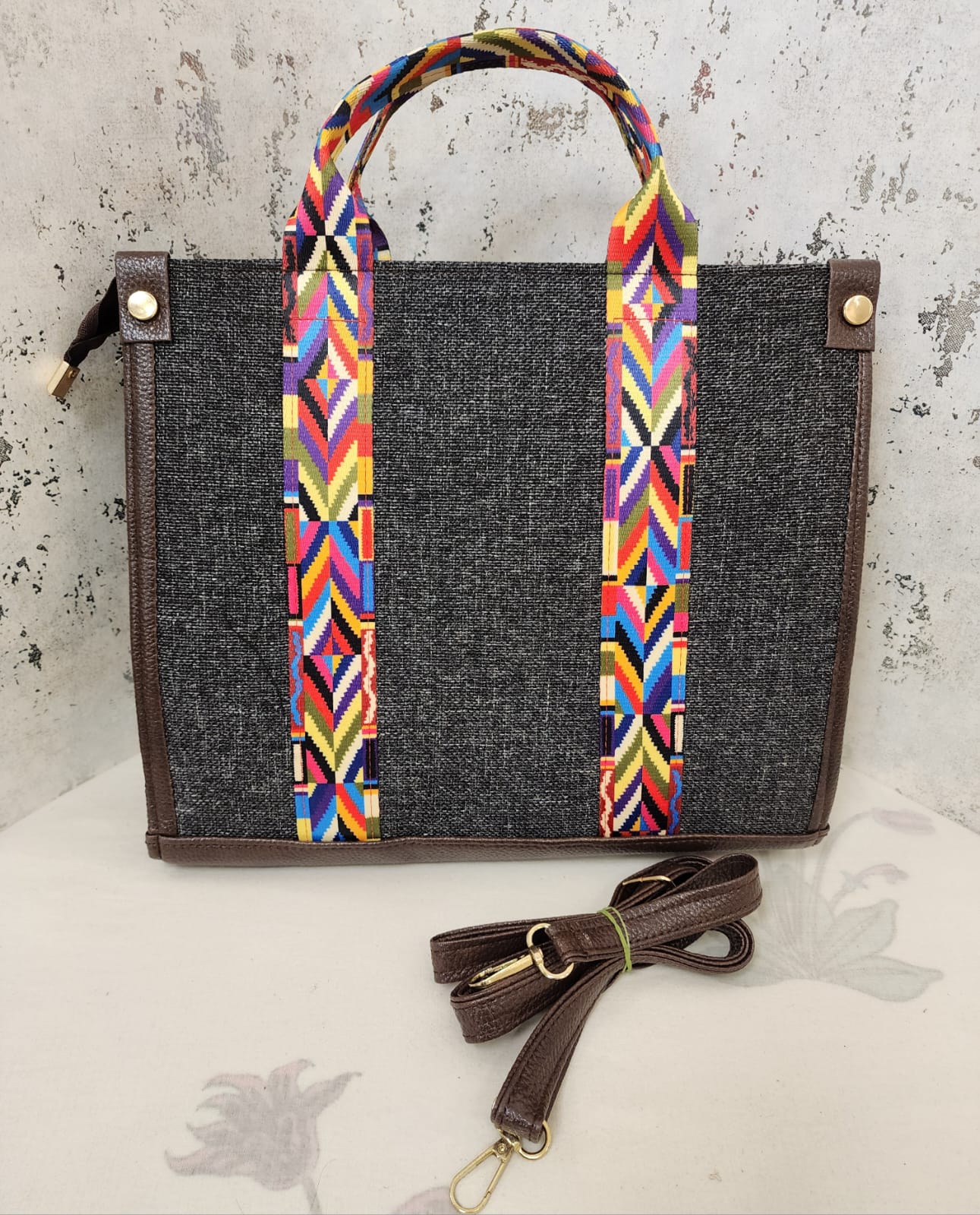 Handcrafted Jute  Tote Bag with Boho Strap-black