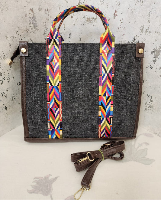 Handcrafted Jute  Tote Bag with Boho Strap-black