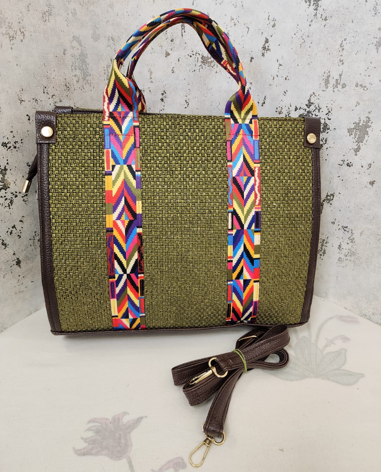 Handcrafted Jute  Tote Bag with Boho Strap -Beige