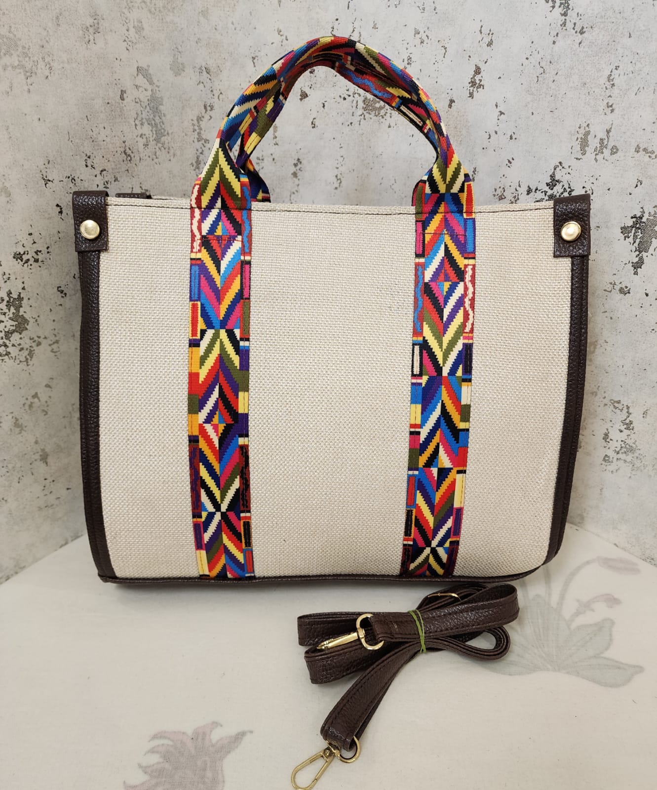 Handcrafted Jute  Tote Bag with Boho Strap -white